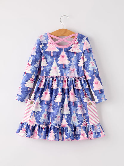 Winter Purple Christmas Tree Long Sleeve Ruffle Pocket Girls Dress
