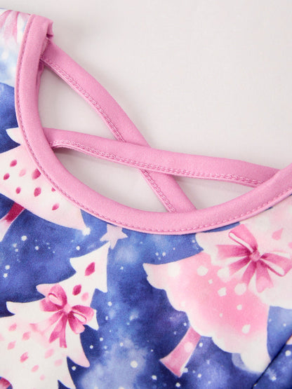 Winter Purple Christmas Tree Long Sleeve Ruffle Pocket Girls Dress