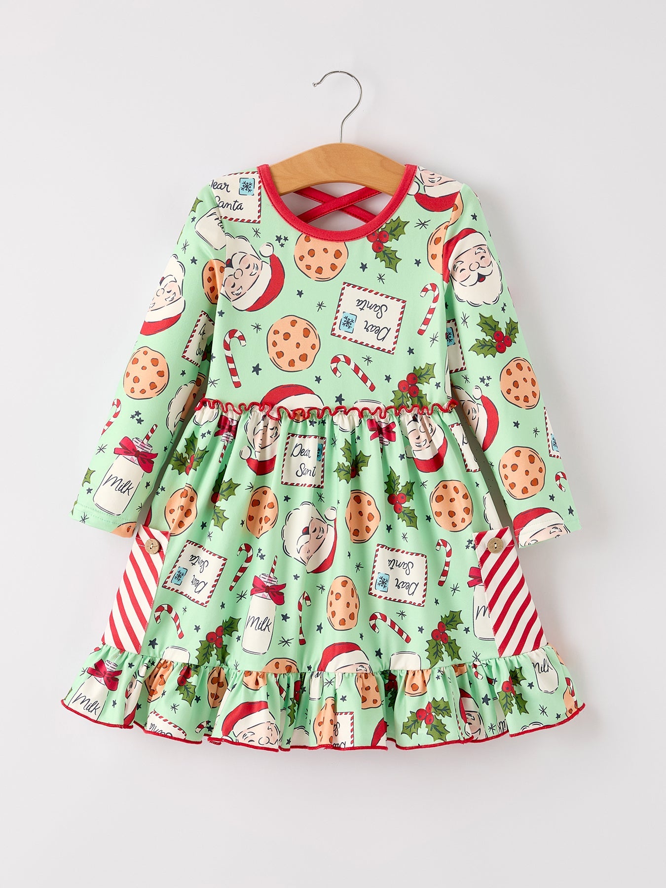 Winter Christmas Green Santa Girls Pocket Ruffle Dress