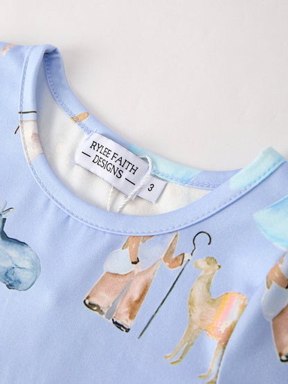 Winter Christmas Nativity Print Girls Long Sleeve Dress