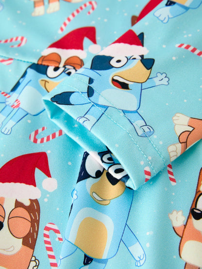 Winter Christmas Character Print Blue Girls Long Sleeve Dress