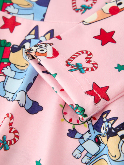 Winter Christmas Character Print  Pink Girls Dress