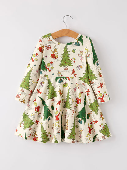 Winter Christmas Tree Character Print  Green Girls Dress
