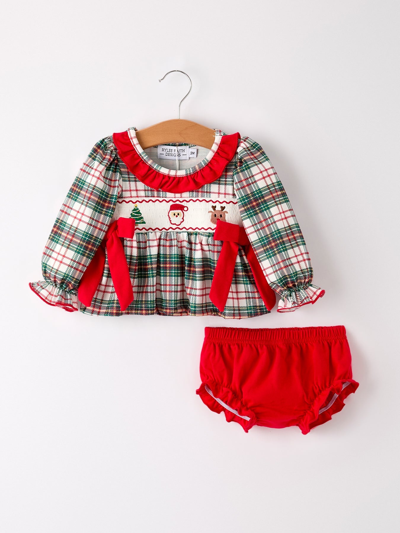 Christmas Plaid Smocking Embroidered Girls Bloomers Romper Set