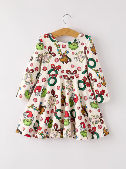 Winter Christmas Character Colorful Print  Girls Dress