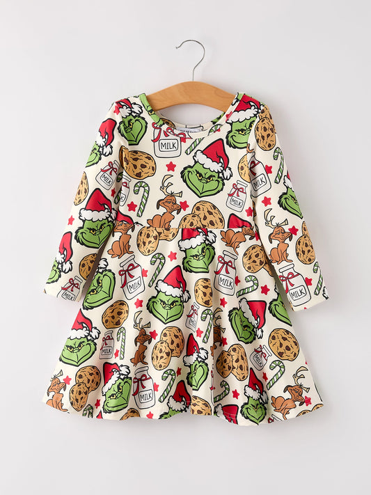 Winter Christmas Character Cookie Print Girls Dress