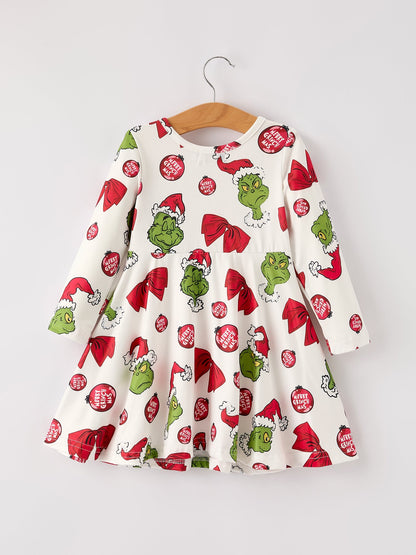 Winter Christmas Santa Hat Character Print  Green Girls Dress
