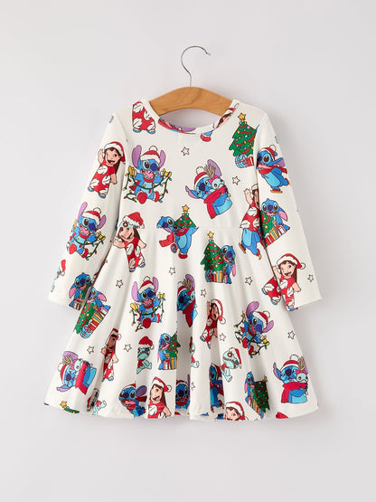 Winter Christmas Tree Character Print Girls Long Sleeve Casual Dress