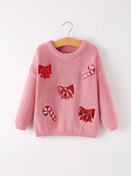 Christmas Winter Bow Girls Pink Pullover Sweater