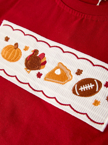 Fall Turkey Embroidered Boy Set – Orange Checkered with Halloween Details