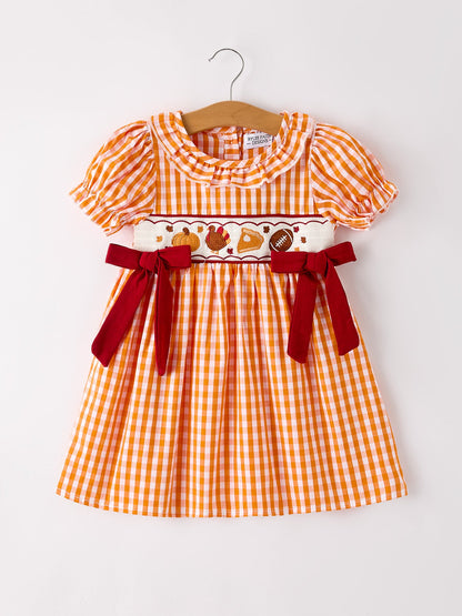 Fall Turkey Embroidered Dress for Girls – Orange Checkered with Halloween Details