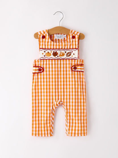 Fall Turkey Embroidered Romper for Baby Boys – Orange Checkered with Halloween Details
