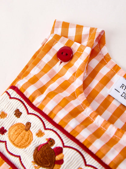 Fall Turkey Embroidered Romper for Baby Boys – Orange Checkered with Halloween Details