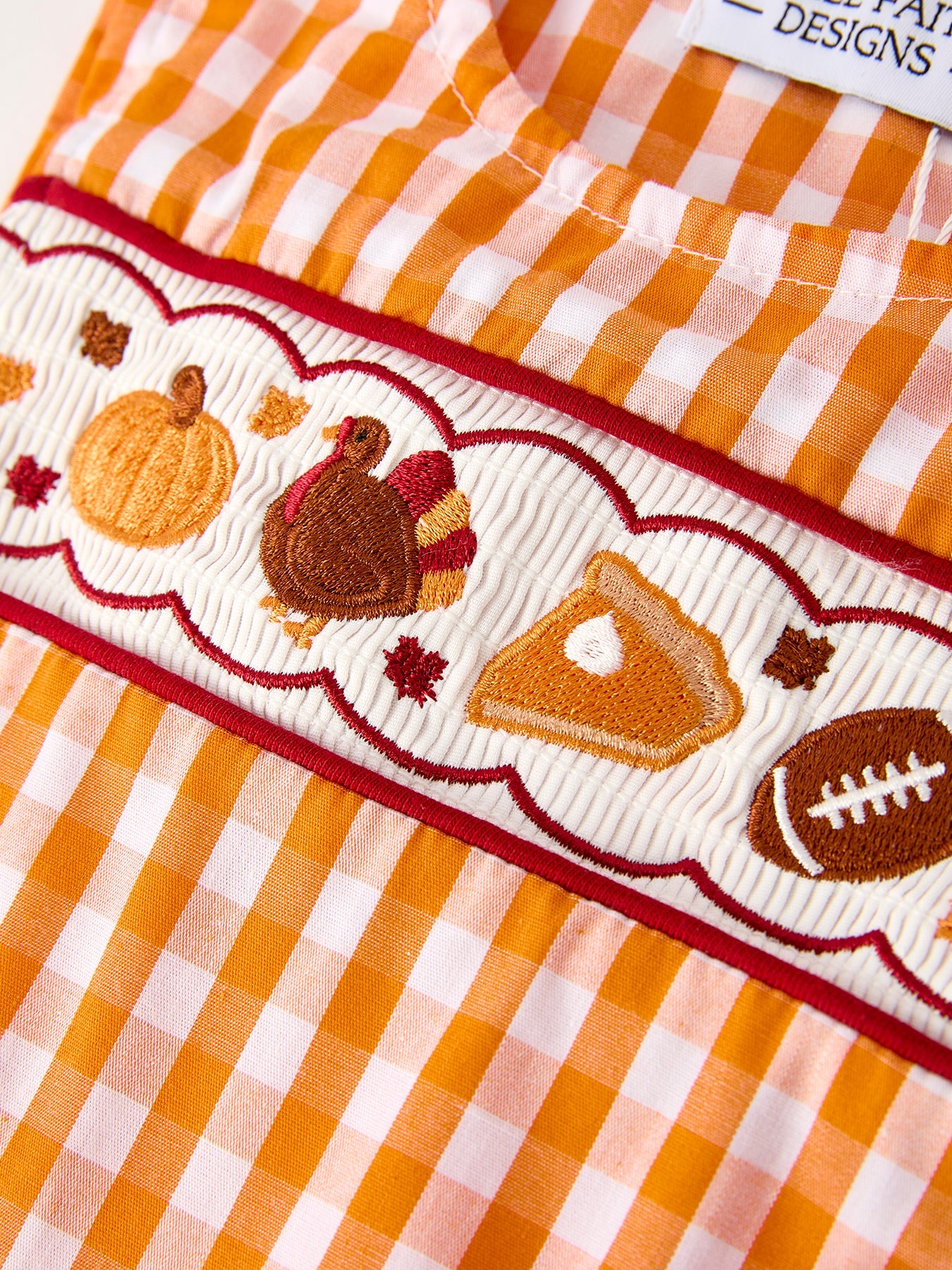 Fall Turkey Embroidered Romper for Baby Boys – Orange Checkered with Halloween Details