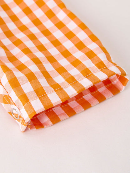 Fall Turkey Embroidered Romper for Baby Boys – Orange Checkered with Halloween Details