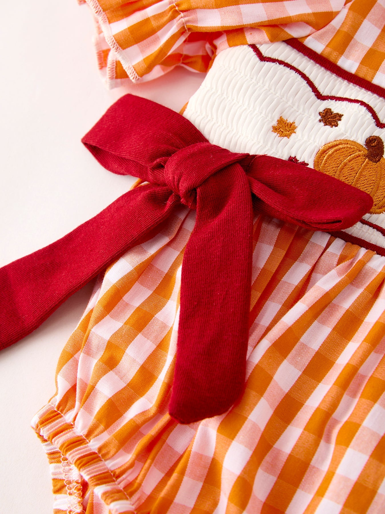 Turkey Fall Embroidered Romper for Baby Girls – Orange Checkered with Halloween Details