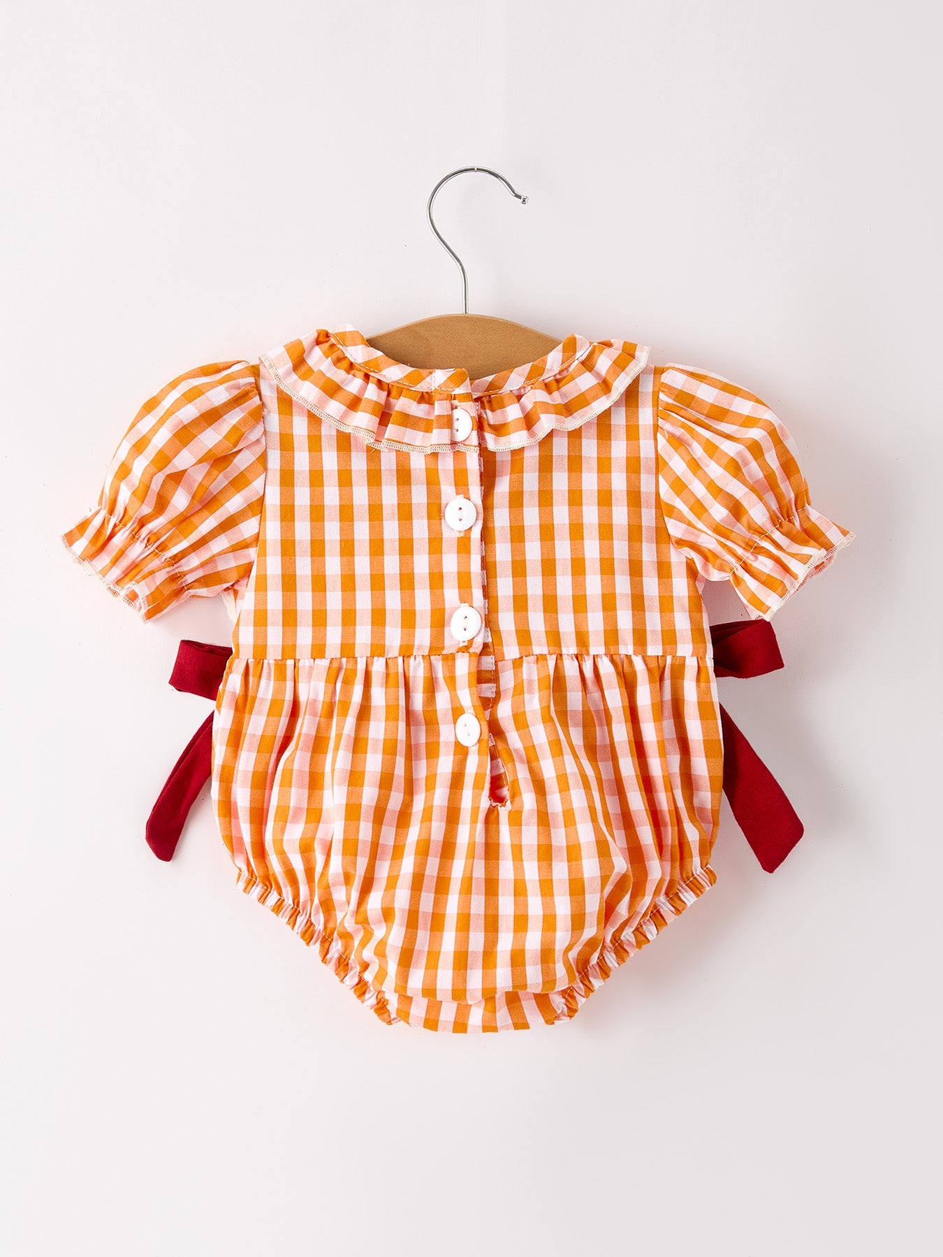Turkey Fall Embroidered Romper for Baby Girls – Orange Checkered with Halloween Details