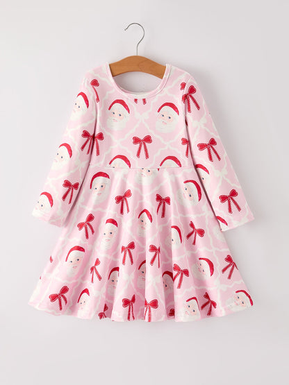Winter Christmas Pink Santa and Bow Holiday Girls Dress