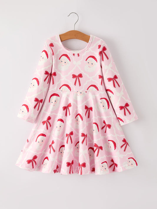 Winter Christmas Pink Santa and Bow Holiday Girls Dress