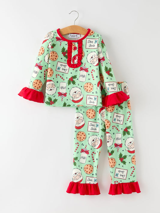 Christmas Santa and Cookie Print Girls Pajamas with Red Ruffle