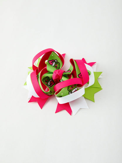 Fashion Christmas Character Red Green Bow 4.7 inch Hairpin