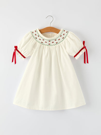 White Christmas Girl's Dress: Delicate Embroidery with Red Bow Details
