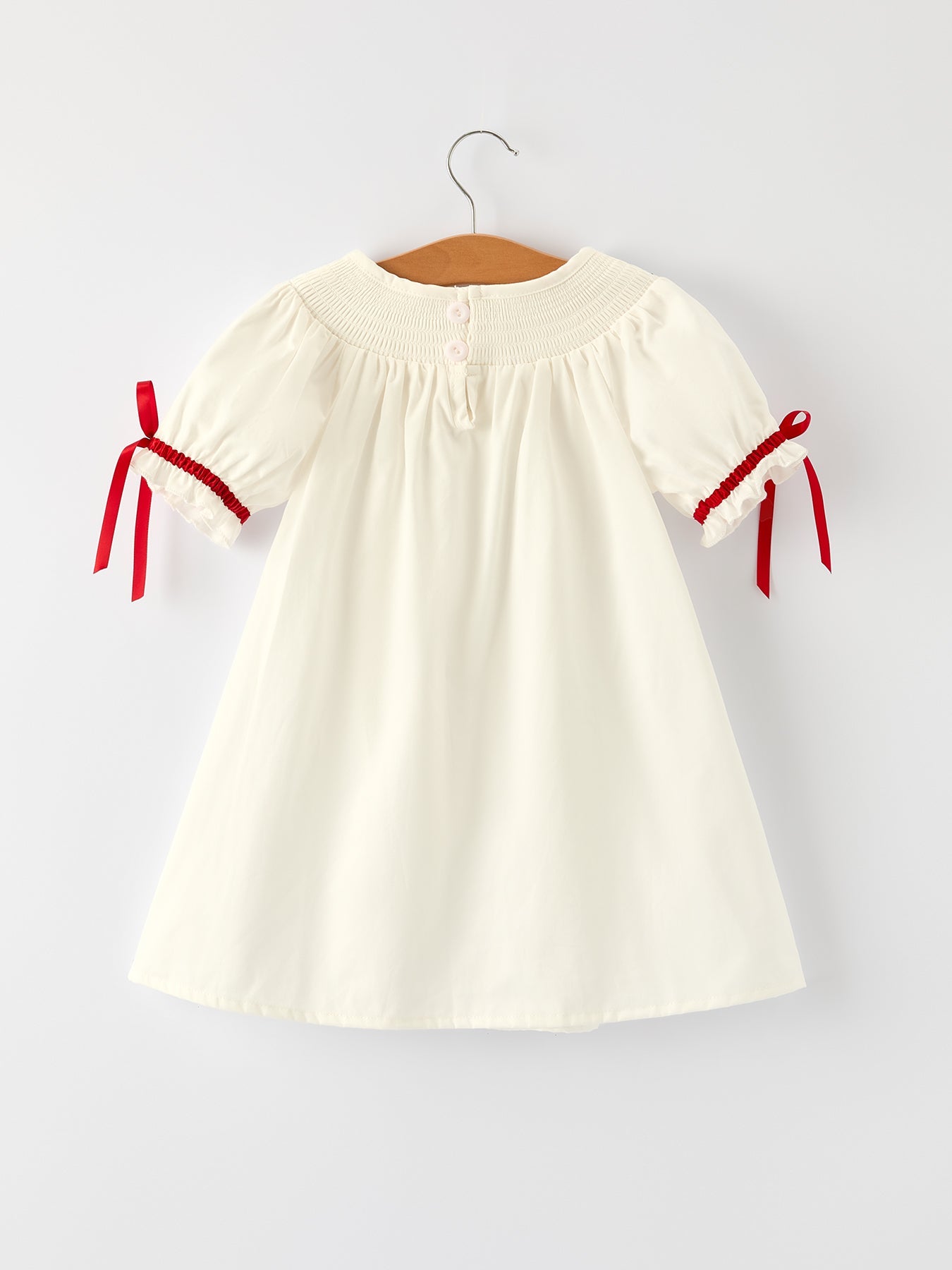 White Christmas Girl's Dress: Delicate Embroidery with Red Bow Details