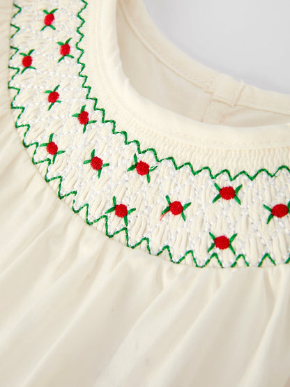 Christmas Girl's Romper : Delicate Embroidery with Red Bow Details