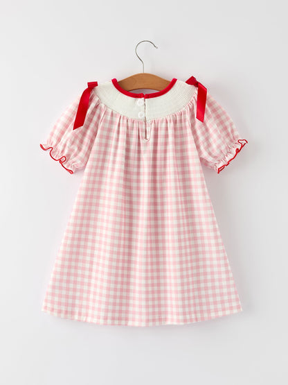 Pink Gingham Christmas Girls Dress: Santa Embroidery with Red Satin Ribbon