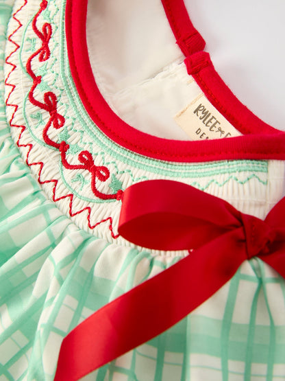 Christmas Baby Girl Smock Embroidery Green Plaid Romper