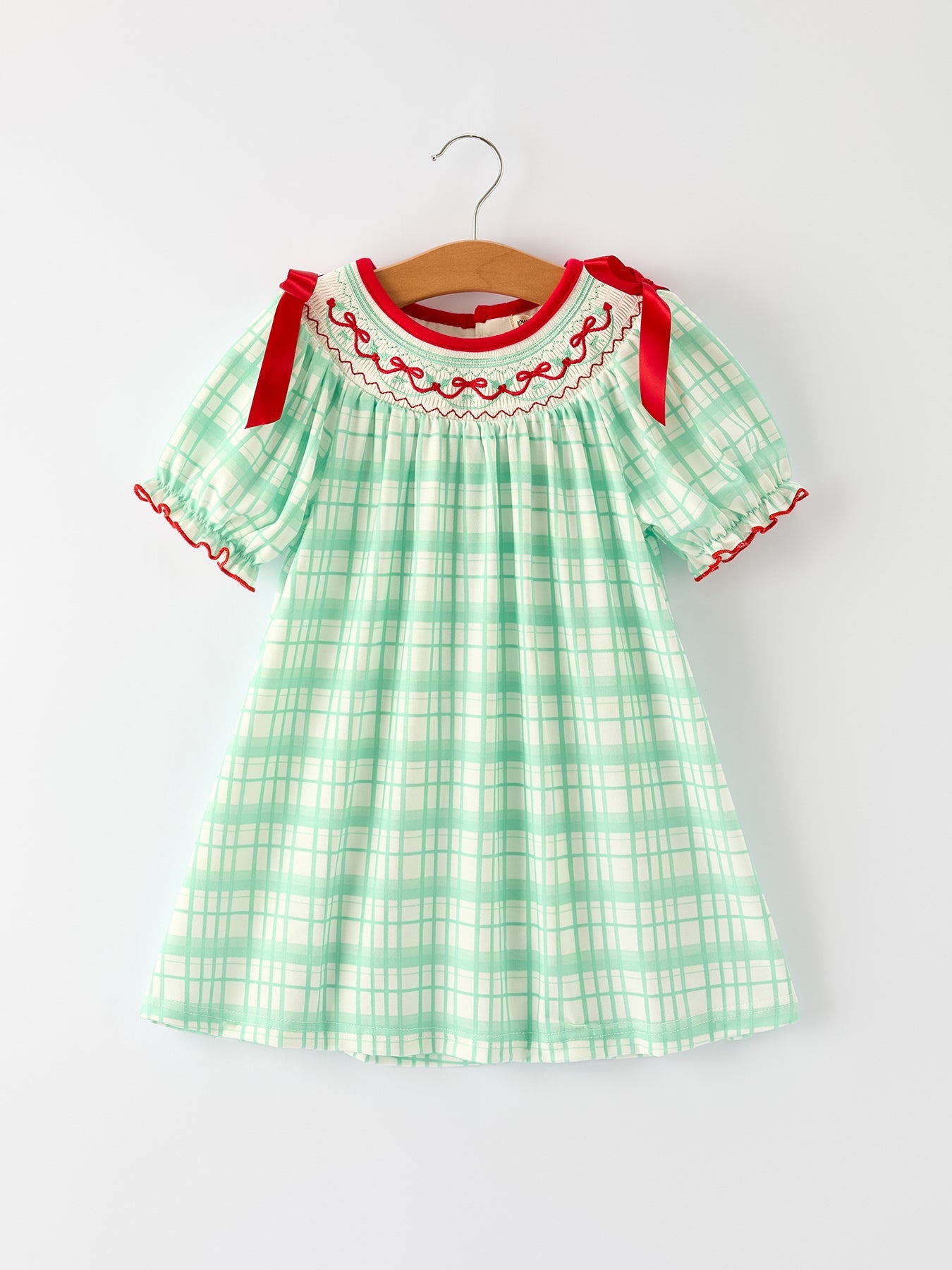 Christmas Girl Smock Embroidery Green Plaid Dress