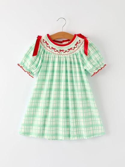 Christmas Girl Smock Embroidery Green Plaid Dress