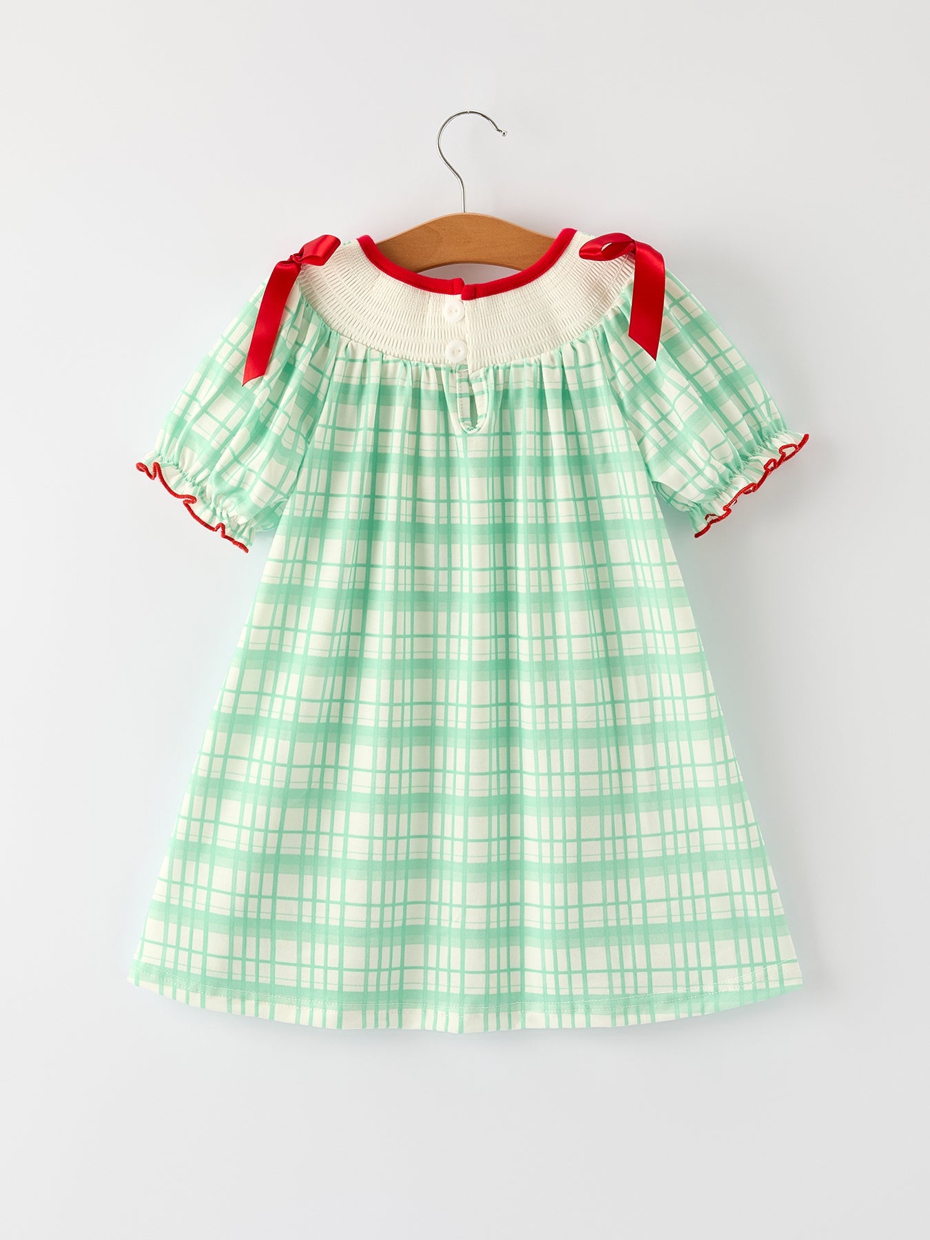 Christmas Girl Smock Embroidery Green Plaid Dress