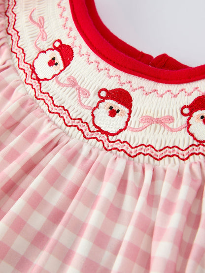 Pink Gingham Christmas Girls Dress: Santa Embroidery with Red Satin Ribbon