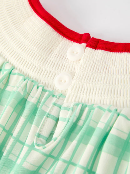 Christmas Girl Smock Embroidery Green Plaid Dress