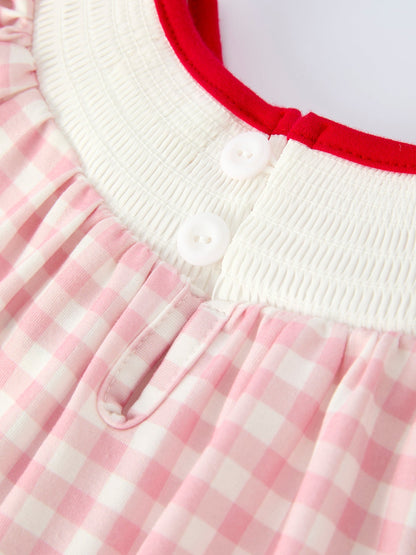 Pink Gingham Christmas Girls Dress: Santa Embroidery with Red Satin Ribbon