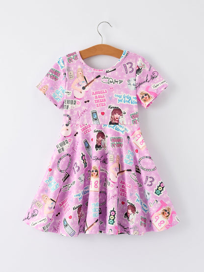 Christmas Purple Ts Twirly Print Girls Short sleeves Dress：Musical Journey in Style