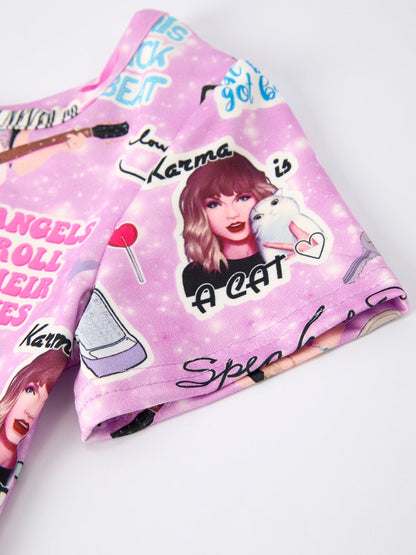 Christmas Purple Ts Twirly Print Girls Short sleeves Dress：Musical Journey in Style