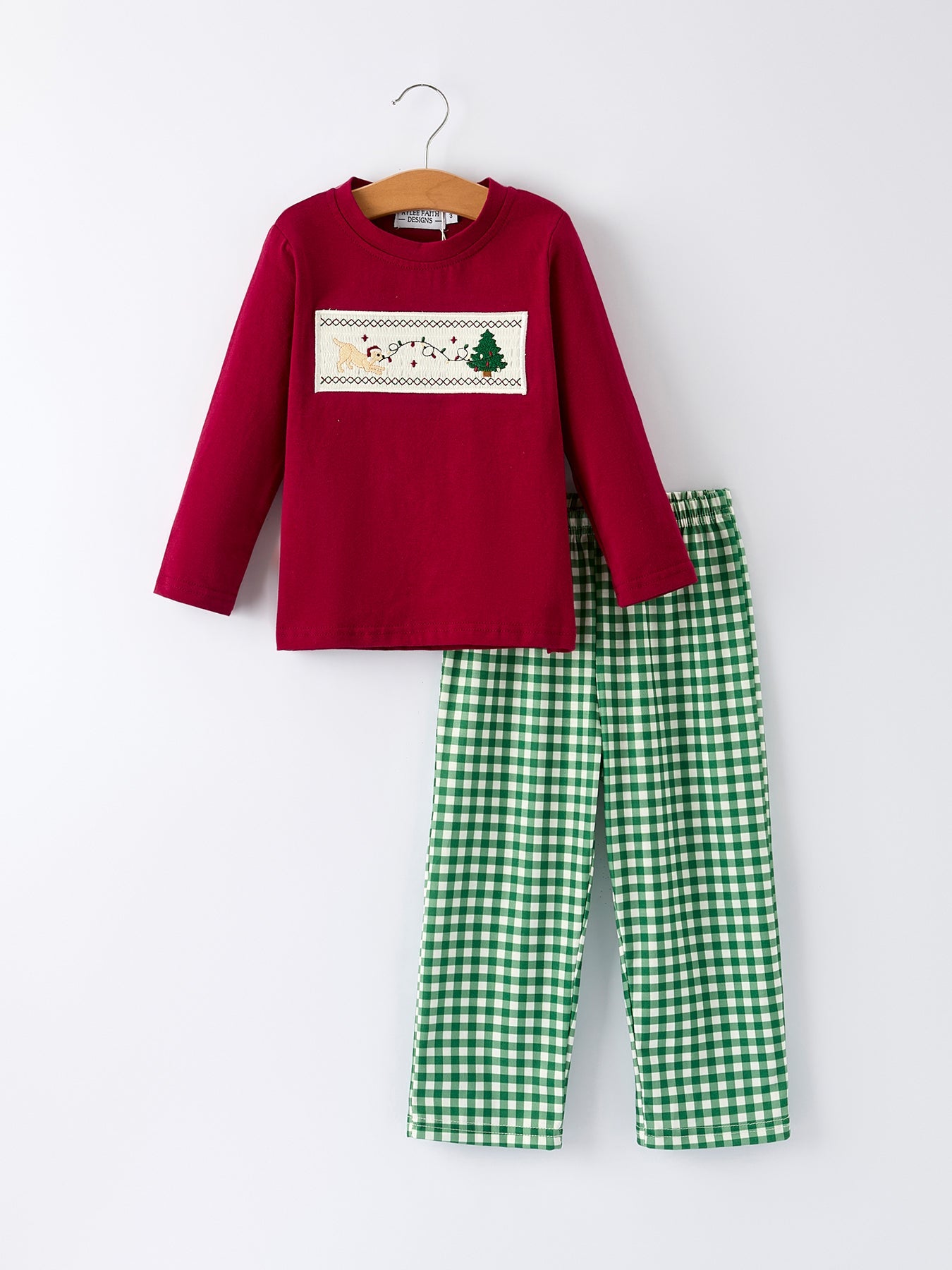 Christmas Tree Dog Smocking Embroidered  Plaid Boys Set
