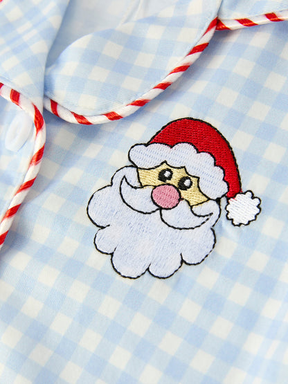 Blue Christmas Santa Embroidery Plaid Girls Pajamas Set