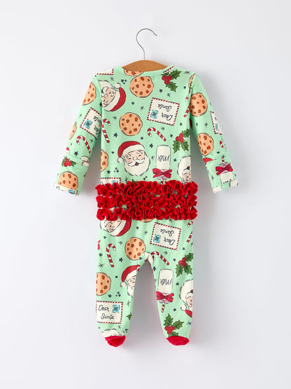 Christmas Santa Cookie Print Baby Girls Romper with Red Bow Detail