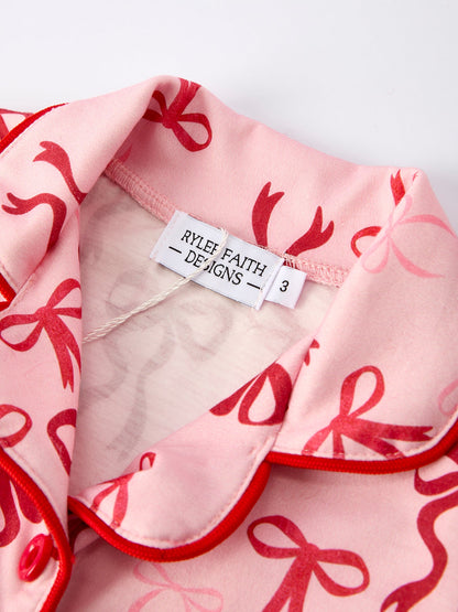 Christmas Bow Girls Pajama Set with Furry Trim