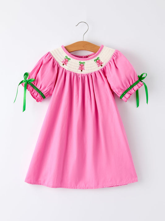 Christmas Pink Christmas Smocked Embroidery Tree Baby Girls Dress