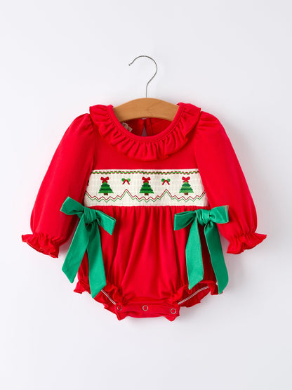 Christmas Smocked Girls Romper with Green Bow and Tree Embroidery