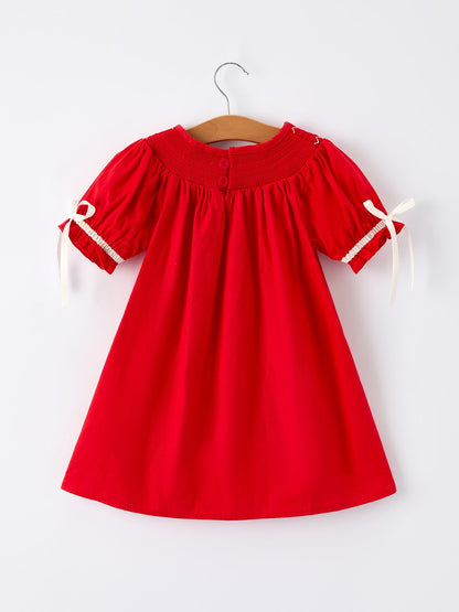 Christmas Gingerbread Embroidery Red Girls Dress with Bow