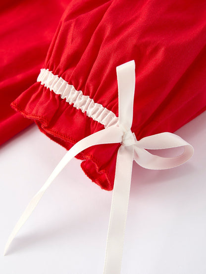 Christmas Gingerbread Embroidery Red Girls Dress with Bow