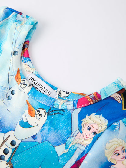 Blue Christmas Character Print Party Dress