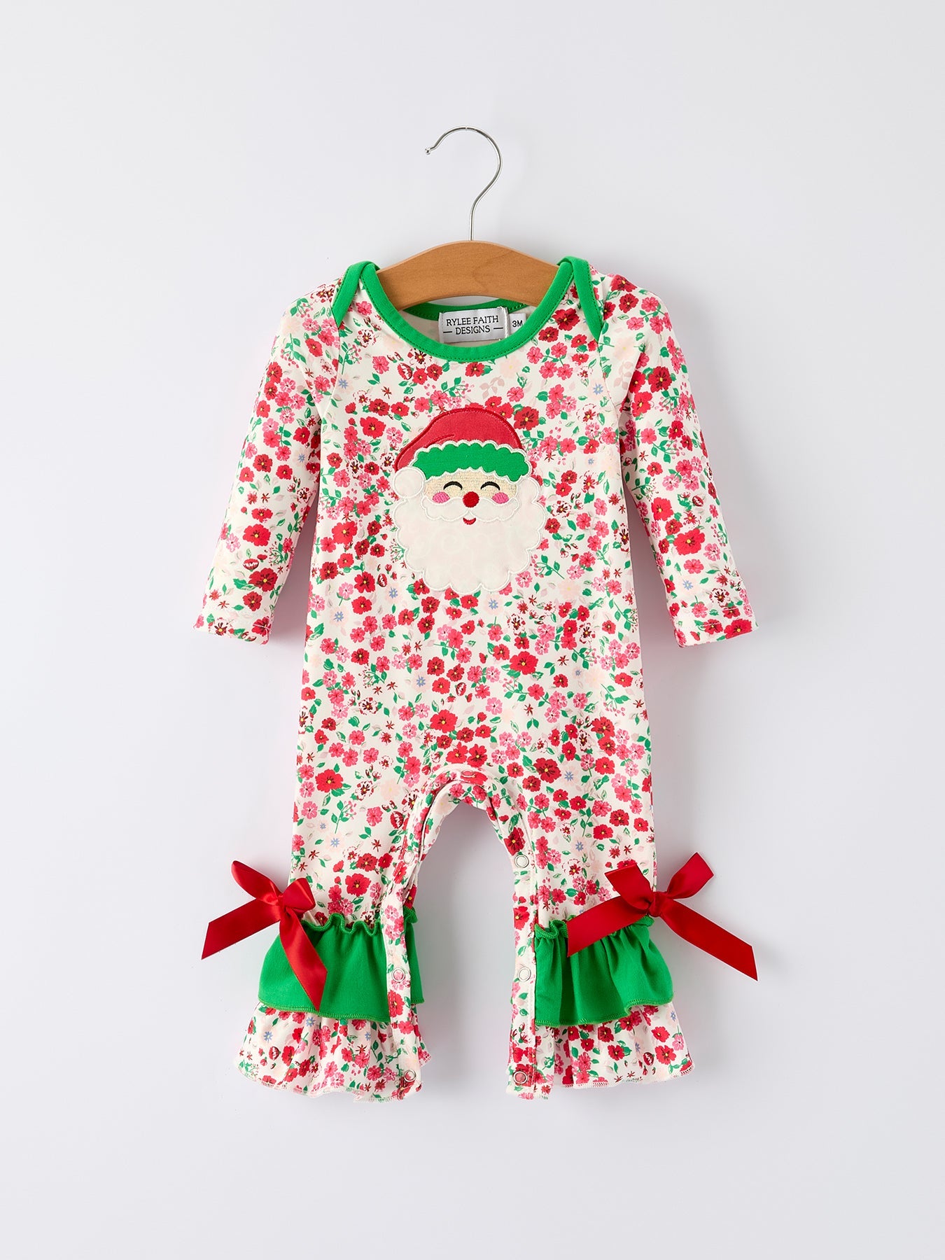 Christmas Santa Applique Baby Girls Floral Long Sleeve Ruffle Romper with Bow Ties