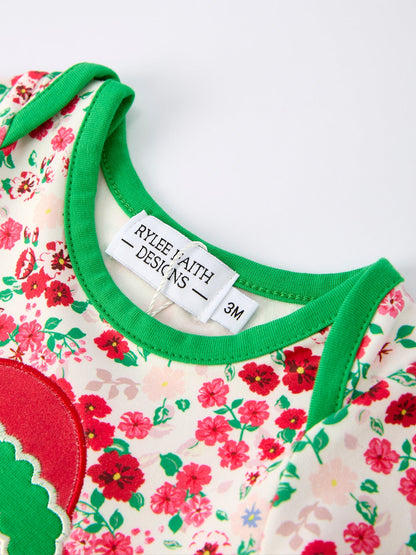 Christmas Santa Applique Baby Girls Floral Long Sleeve Ruffle Romper with Bow Ties