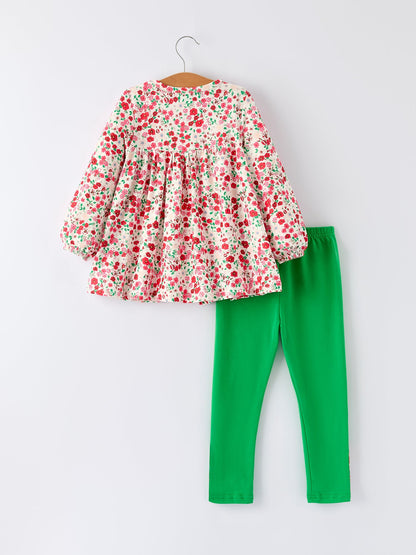 Christmas Santa Applique Girls Floral Long Sleeve Set